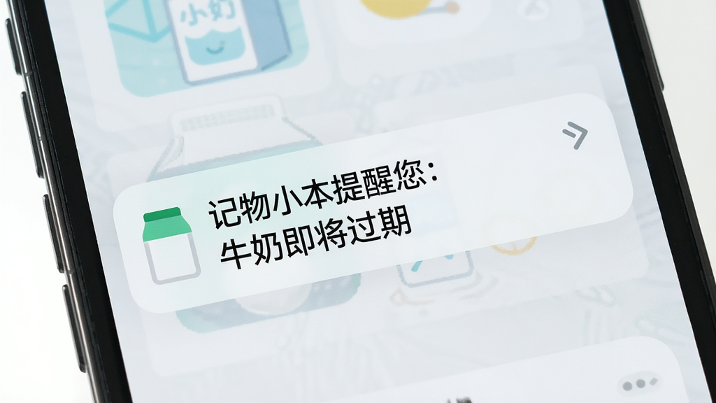 一张记物小本过期提醒功能的AI生成图,画面主体是手机屏幕弹出提醒通知,通知内容显示“记物小本提醒您:牛奶即将过期”,布局简洁,风格清新,细节清晰,画质干净无多余元素