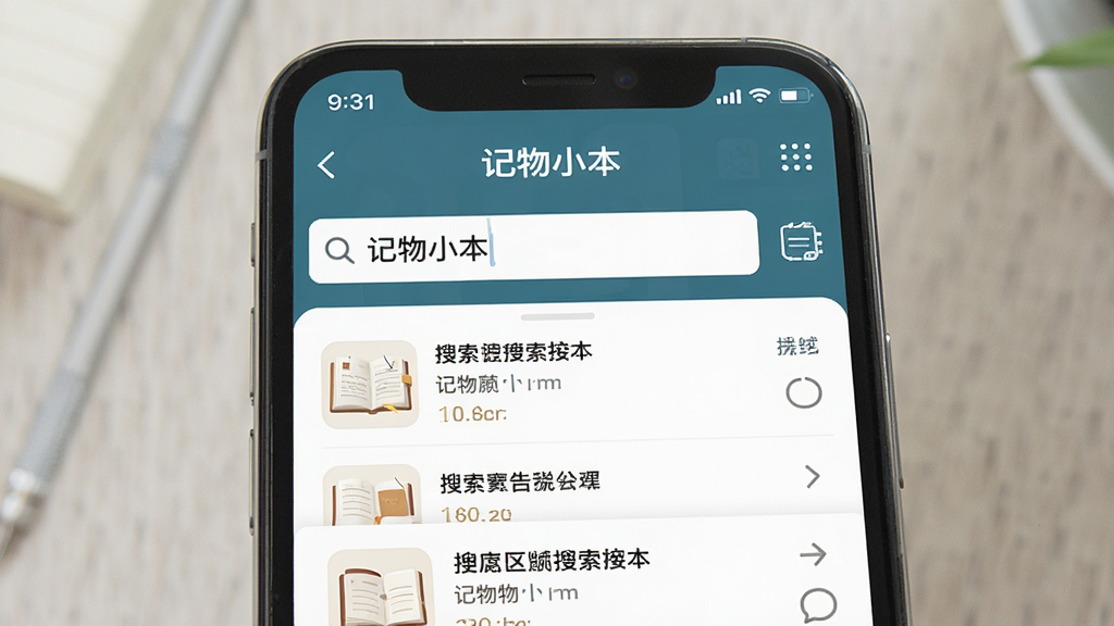一张记物小本快速检索功能的AI生成图,画面主体是手机屏幕显示搜索框和搜索结果列表,屏幕上方有“记物小本”文字,布局清晰,风格简约,细节丰富,画质干净无多余元素