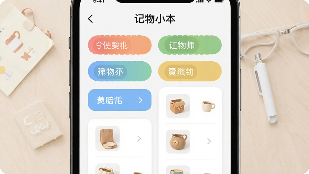 一张记物小本App分类管理界面的AI生成图,画面主体是手机屏幕,屏幕内显示彩色分类标签和物品卡片,布局清晰,排版整齐,风格现代简约,细节丰富,画质干净无多余元素,屏幕上方有“记物小本”文字