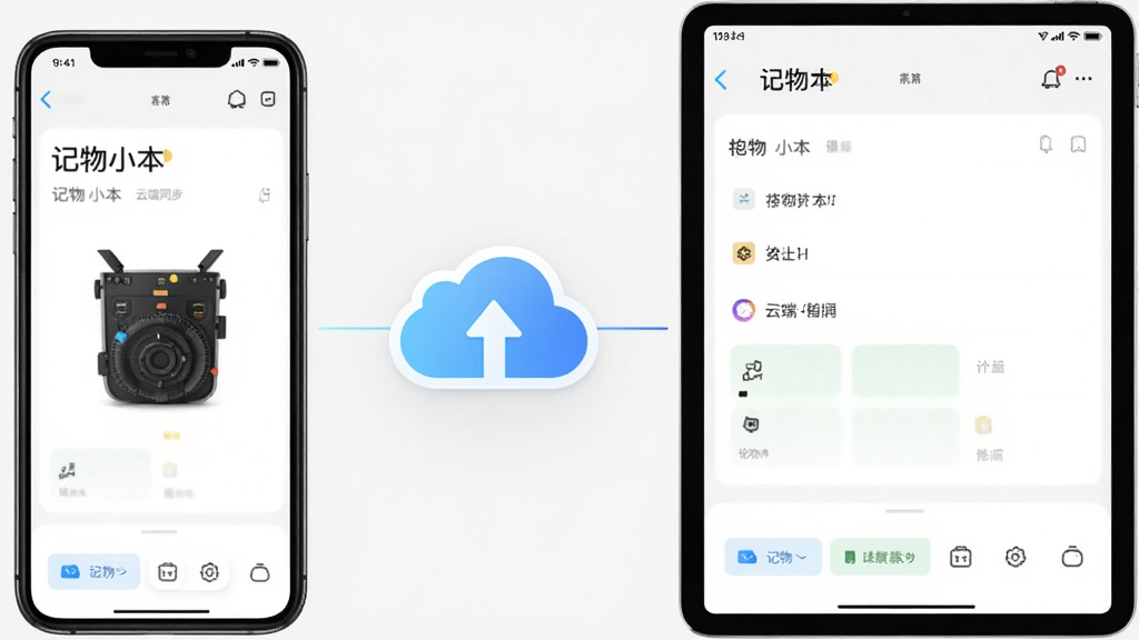 一张展示记物小本云端同步功能的AI生成图,画面主体是手机与平板电脑屏幕同时显示记物小本界面,中间有云朵图标连接,布局对称,风格科技简约,细节清晰,画质干净无多余元素