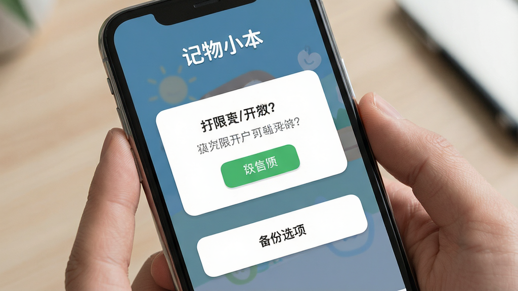 一张记物小本新手设置引导界面的AI生成图,画面主体是手机屏幕显示权限开启提示和备份选项,布局清晰,风格友好,细节丰富,画质干净无多余元素,屏幕上方有“记物小本”文字