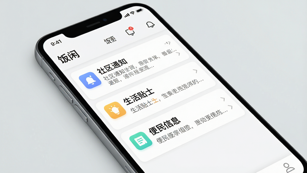 一张展示“饭闲”应用内本地生活信息流界面的图片,画面中手机屏幕显示着“饭闲”应用的消息列表,列表中含有“社区通知”、“生活贴士”、“便民信息”等文字标签,每条信息带有小图标。背景为浅灰色极简风格,手机以微倾斜角度放置,屏幕高亮清晰,画质精细,干净无多余元素。