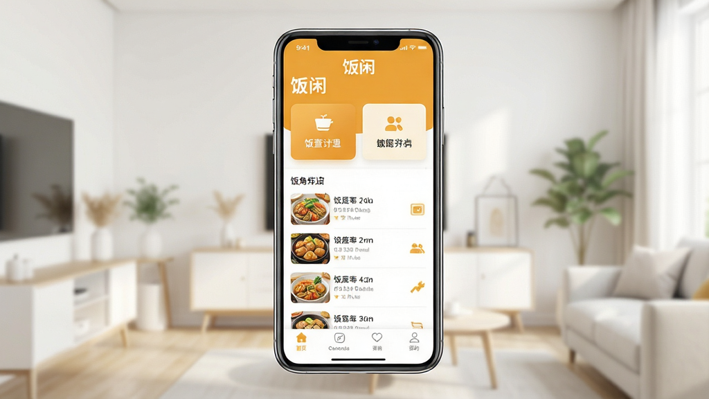 一张展示“饭闲”手机应用界面的场景图,画面中央是一部竖直放置的智能手机,手机屏幕内显示着“饭闲”APP的首页界面,界面布局为顶部带有“饭闲”文字标识,中部为功能卡片和列表,底部为导航栏,整体配色以温暖的橙黄色和白色为主。背景为干净明亮的现代居家环境,光线柔和,画面风格为写实摄影,细节清晰,画质高清,干净整洁,无多余杂乱元素。