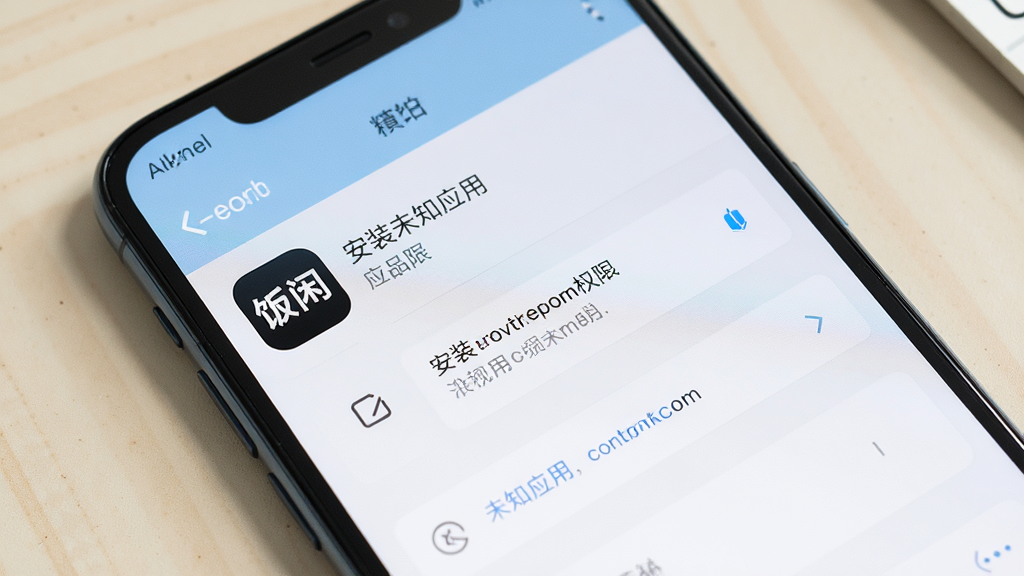 一张展示手机安全设置界面的图片,画面中手机屏幕显示“安装未知应用”权限设置页面,旁边有“饭闲”应用图标,界面文字清晰可见,背景为简洁的浅色桌面,风格为写实数码产品摄影,画质高清,干净无多余元素。