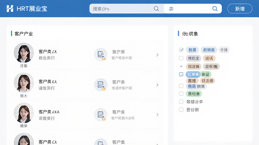 ����ΪHRTչҵ��Ӧ���еĿͻ��������棬����չʾ�ͻ�ͷ���б����ǩ���࣬�Ű�Ϊ���½ṹ�����Ϊ��ƽ����������ϸ���ϰ�����������������ť�����������ɾ����޶���Ԫ��