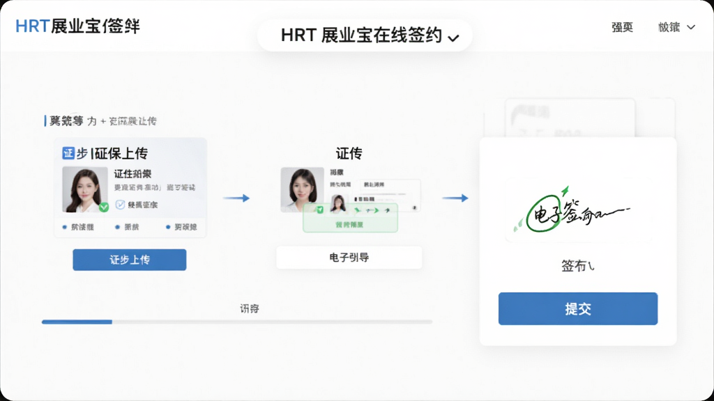 ����ΪHRTչҵ������ǩԼ���棬����չʾ֤���ϴ����������ǩ����壬�Ű�Ϊ�ֲ�����ʽ�����Ϊ����ɫ����磬ϸ���ϰ������������ύ��ť�����������ɾ����޶���Ԫ��