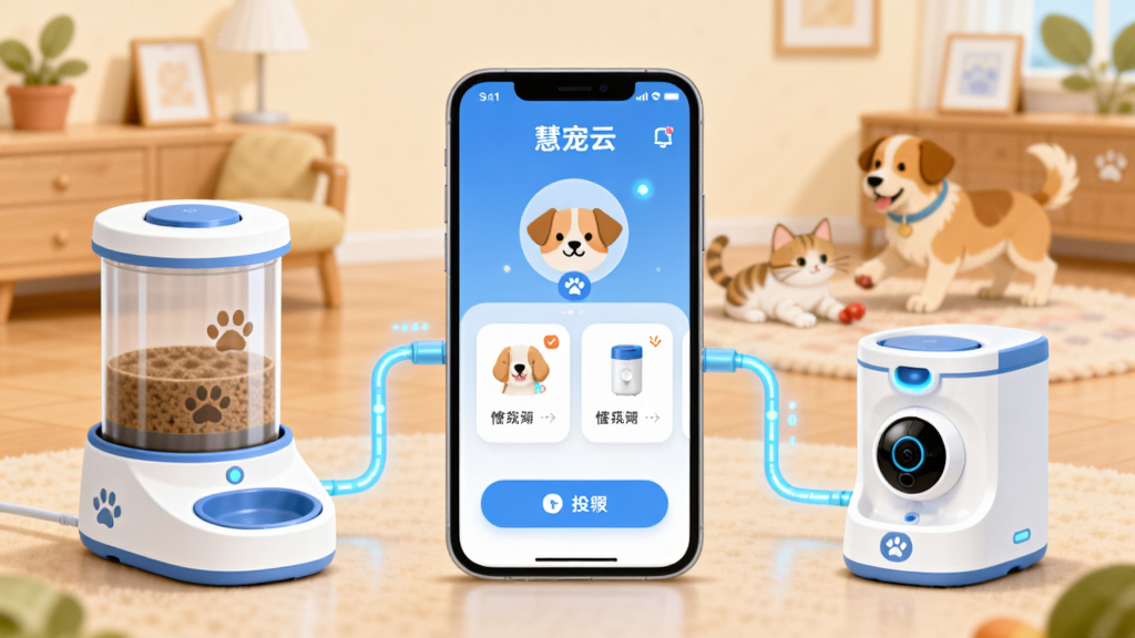 ����������һ�������ֻ�����Ļ����ʾ�š��۳��ơ�APP����ҳ���棬�������г���ͷ���豸��Ƭ��Ͷι��ť���ֻ���Χ����������ιʳ������ˮ��������ͷ�ȳ����豸���豸֮���õ���ɫ�����������ӡ���������ܰ�ļҾӻ�������è�͹���Զ����ˣ�����岼�ֲ������ĶԳƣ����Ϊ�Ƽ�������ܰ�н�ϵı�ƽ���廭��ϸ�ڴ�����͵Ĺ��κ�Բ��ͼ�꣬���ʸ��壬����ɾ����޶���Ԫ�ء�