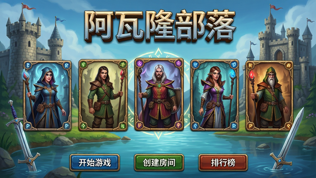 画面主体为阿瓦隆部落游戏主界面,布局采用居中对称式排版,顶部是游戏名称“阿瓦隆部落”的立体艺术字,中部展示五位风格各异的奇幻角色卡牌,底部排列开始游戏、创建房间、排行榜等按钮。整体风格为欧美奇幻插画风,细节包含魔法符文、石质城堡、湖中剑等元素,画质高清,画面干净,无多余装饰元素。