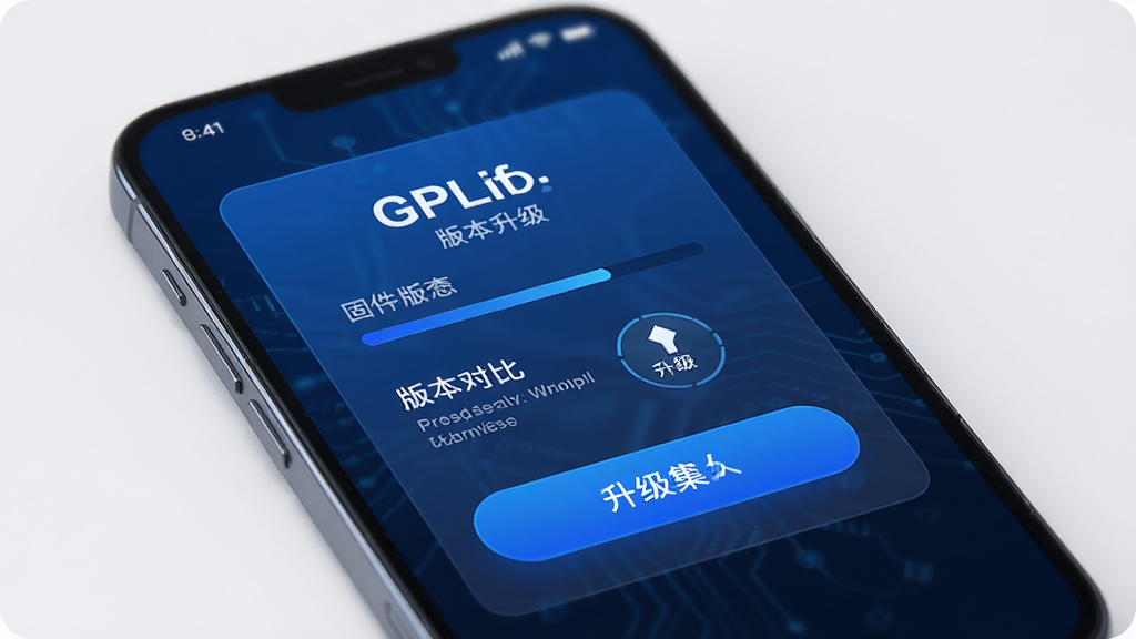 GPLife�����̼���������չʾͼ������Ϊ�ֻ���Ļ��ʾ�̼��汾��Ϣ��������ť������Ϊ��Ƭʽ��Ϣչʾ���Ű��Ϸ��汾���·�������ť�����Ƽ�������ϸ�ڰ������������汾�Ա����֡�������ʾͼ�꣬���ʸ��壬����ɾ����޶���Ԫ��