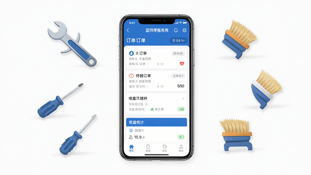��ʦ�������̰�APP����չʾ������������һ�������ֻ�����Ļ��ʾ��ʦ�������̰�Ӧ����ҳ�棬ҳ����������б������Ӷ���������ͳ�Ƶ�ģ�飬�ֻ���Χ����ά�޹���ͼ������֡���˿�������ˢ��Ԫ�أ����岼�ּ��������������ɫ���ɫΪ��ɫ������ƽ����Ʒ��ϸ�ھ��£����廭�ʣ��ɾ��������޶���Ԫ��