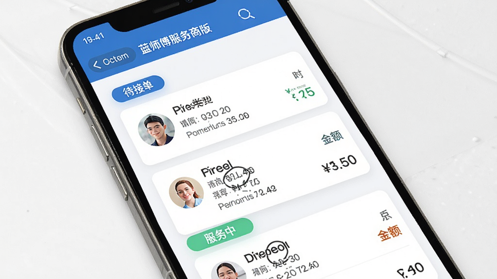 ��ʦ�������̰涩���������棬�ֻ���Ļչʾ�����б�ҳ�棬������״̬������ʾΪ���ӵ��������С�����ɵȱ�ǩ��ÿ�����������û�ͷ�񡢷������͡�ʱ�䡢������Ϣ��������ÿ�Ƭʽ���֣�������ɫ����ƽ����ƣ����廭�ʣ��ɾ��������޶���Ԫ��