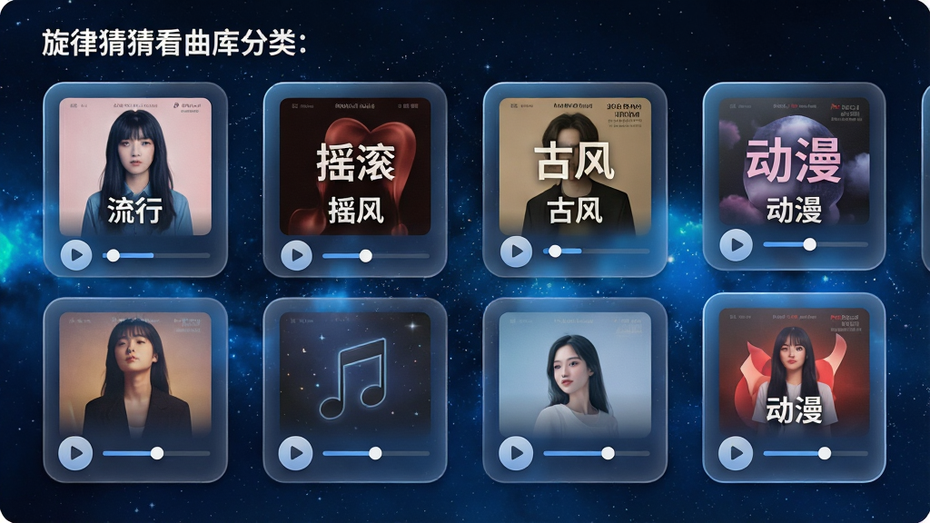 一张展示旋律猜猜看曲库分类界面的图片,画面主体为横向排列的多个音乐专辑封面卡片,卡片上标注流行、摇滚、古风、动漫等标签,卡片下方有播放按钮和进度条,背景为深蓝色星空渐变,布局采用网格状排版,风格为现代扁平化设计,细节包含高光边框、圆角矩形和柔和投影,画质高清,画面干净,无多余元素