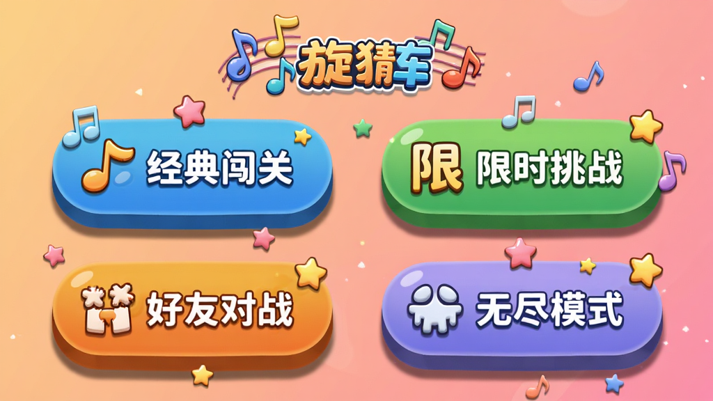 画面展示旋律猜猜看游戏模式选择界面,四个大尺寸圆角按钮分别标注经典闯关、限时挑战、好友对战、无尽模式,按钮上方有游戏Logo和音符装饰,背景为浅橙色到粉色的渐变,布局采用两行两列居中排列,风格为活泼卡通风格,细节包含立体按钮阴影、小星星点缀和简洁图标,画质清晰,无多余元素