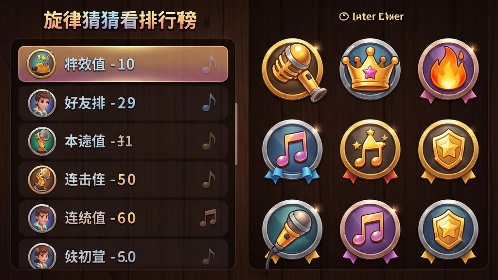 一张旋律猜猜看排行榜与成就展示界面截图,画面左侧为好友排行榜列表,右侧为成就徽章墙,徽章包含金话筒、音符皇冠、连击火焰等图案,背景为深色木纹质感,布局采用左右分栏排版,风格为精致卡通风格,细节包含金属光泽徽章、渐变文字和柔和光晕,画质高清,画面干净,无多余元素