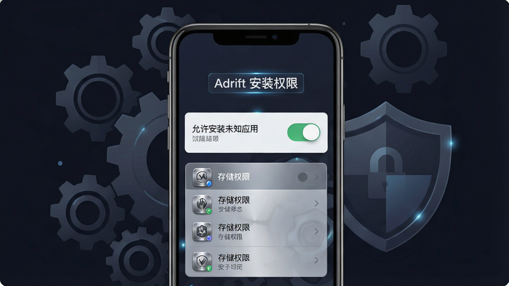 一张展示手机游戏安装权限设置界面的概念图,画面中有一部竖屏手机,屏幕显示“允许安装未知应用”的开关与存储权限列表,背景是暗色调的抽象齿轮与盾牌元素,构图居中,风格为扁平化UI设计与科技感结合,细节包括开关的高光、权限图标的金属质感,画质清晰干净,无多余元素,画面中打上文字