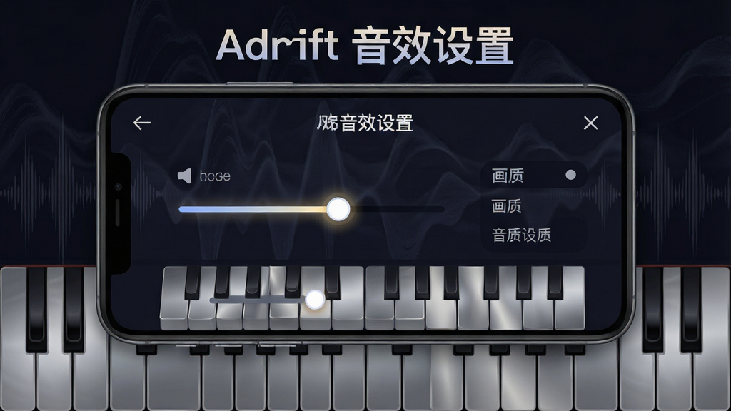 一张展示手机游戏音效设置界面的概念图,画面中有一部横放的智能手机,屏幕显示音量滑条与画质选项,背景是暗色调的抽象声波纹理与钢琴琴键元素,构图居中,风格为扁平化UI设计与暗黑氛围结合,细节包括滑条上的光晕、琴键的金属反光,画质清晰干净,无多余元素,画面中打上文字
