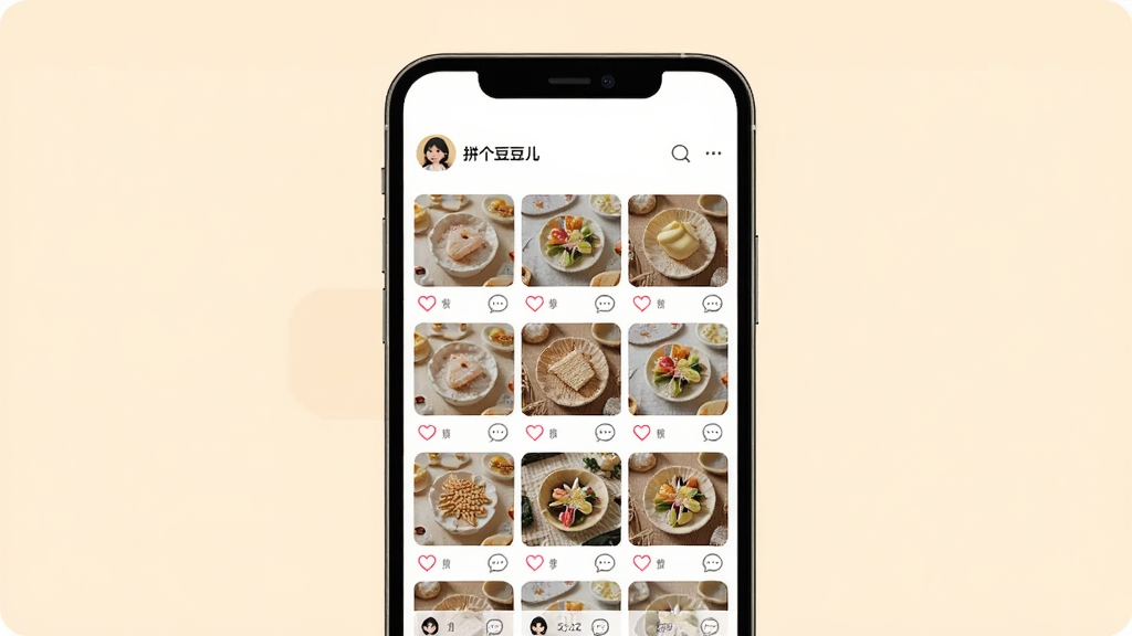 拼个豆豆儿作品收藏与分享界面,主体为手机屏幕,屏幕内显示用户个人作品网格墙,每张作品有爱心点赞图标和评论气泡,布局为手机正面竖屏,背景为温暖米色,风格社交化且温馨,细节包含用户头像、作品缩略图、'拼个豆豆儿'社区标识,画质高清,画面干净,无多余元素