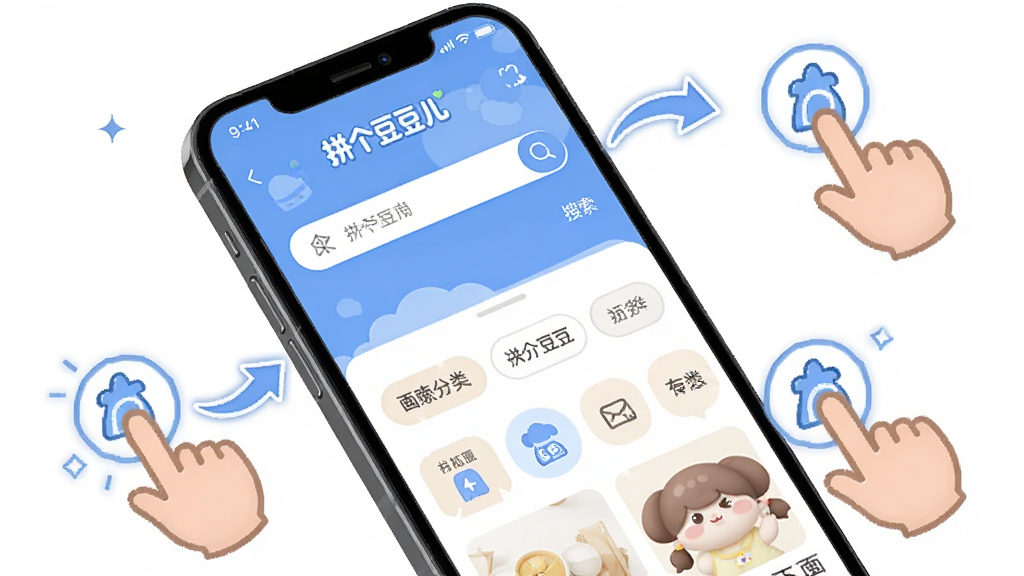 拼个豆豆儿新手操作指南示意图,主体为手机屏幕展示应用首页和搜索框,旁边有手指点击图标指示操作步骤,布局为手机斜放配合箭头引导,风格教程图解式,细节包含'拼个豆豆儿'界面元素、搜索图标、分类标签,画质高清,画面干净,无多余元素