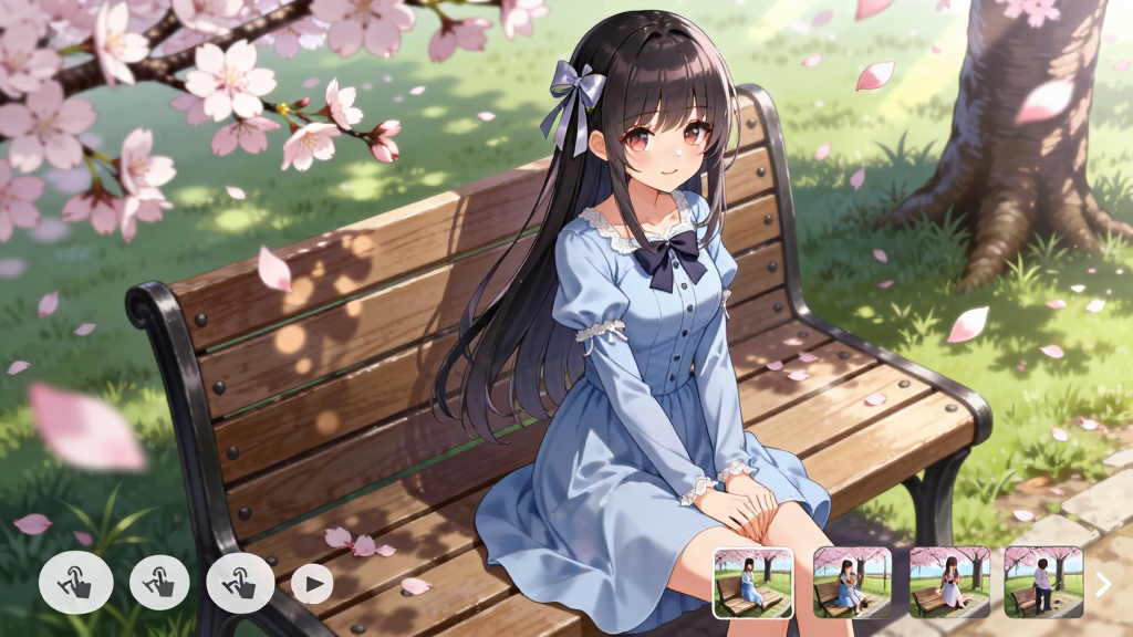 樱花少女装扮场景互动功能展示图,画面中一位穿着蓝色连衣裙的二次元少女在樱花树下的长椅上坐着,周围有飘落的花瓣和柔和的阳光光斑,画面下方有姿势切换按钮和场景选择缩略图,风格为唯美日系动漫风格,细节包含长椅木纹、草地纹理、樱花树枝,画质细腻柔和,画面干净无杂物
