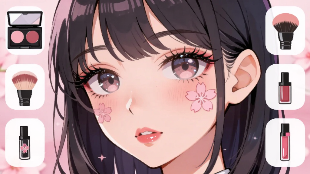 樱花少女装扮妆容编辑界面,画面中央是二次元少女面部特写,两侧分布着眼影盘、腮红刷、唇彩等化妆工具图标,少女正展示一款粉色系樱花妆容,背景是柔和的粉色渐变,风格为日系美妆插画,细节包含睫毛细节、瞳孔高光、唇部光泽,画质高清,画面干净