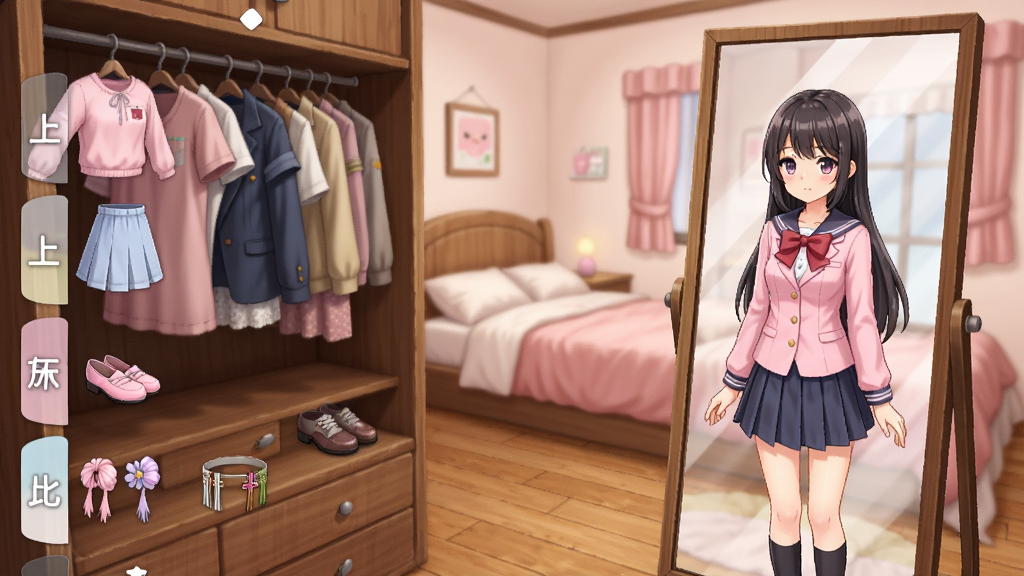 樱花少女装扮游戏内换装界面截图,画面展示一位二次元少女站在试衣镜前,左侧是分类清晰的衣柜列表包含上衣、裙子、鞋子、发饰等标签,右侧是角色实时预览区,少女正穿着一套粉色校园制服,背景是温馨的粉色系卧室,风格为日系动漫插画,细节包含衣柜木纹、镜子反光、地板纹理,画质清晰明亮,画面干净整洁