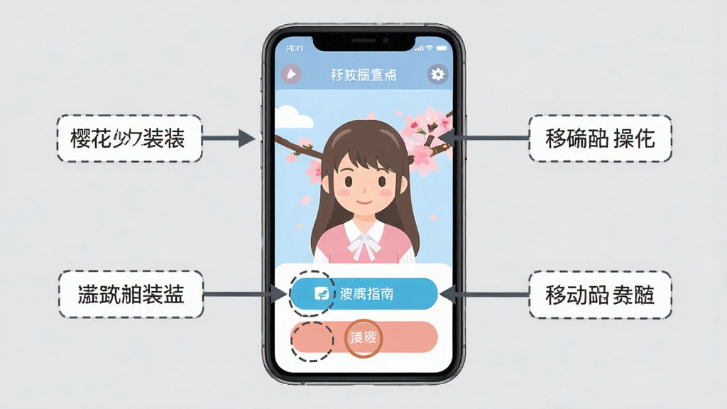 樱花少女装扮移动端操作指南示意图,画面展示一部智能手机屏幕,屏幕上显示应用主界面,周围有箭头和文字标注指示各个功能按钮的位置,背景为浅灰色,风格为扁平化UI说明图,细节包含手机边框、按钮高亮、文字标注框,画质清晰,画面干净简洁