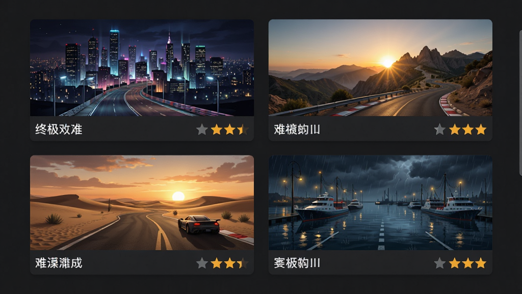 一张展示终极赛车游戏赛道选择界面的图片,画面以网格形式排列着四条赛道的缩略图,分别显示城市夜景、山地日出、沙漠黄昏和港口雨夜四种场景,缩略图下方有赛道名称和难度星级,界面风格简洁现代,背景为深灰色,文字清晰可读,画面干净整洁