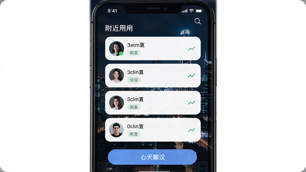 附近一夜聊软件主界面展示,手机屏幕中央显示附近用户列表和聊天入口,背景为现代城市夜景,整体布局清晰,风格简洁科技感,细节包含头像、距离标签和在线状态,画质高清干净无多余元素