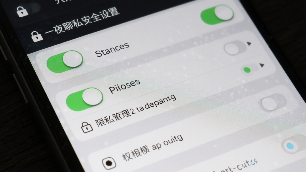 附近一夜聊隐私安全设置界面,手机屏幕展示开关按钮列表与权限管理选项,布局为纵向列表,风格简洁工具风,细节包含锁形图标和状态指示,画质高清干净无多余元素