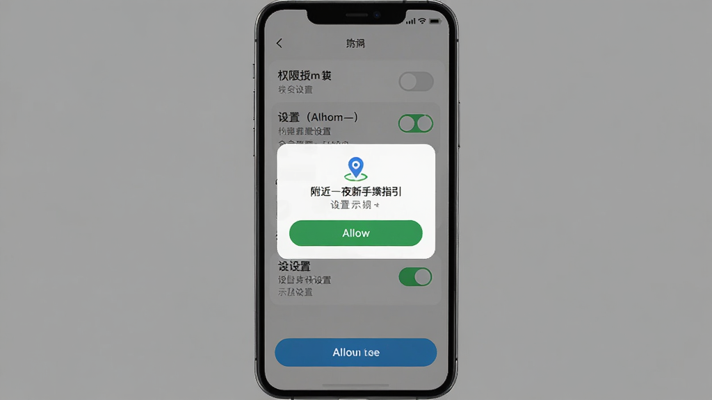 附近一夜聊新手操作指引示意图,手机屏幕展示权限授权弹窗与设置开关,布局为居中弹窗与底部按钮,风格简洁引导风,细节包含定位图标和允许按钮,画质高清干净无多余元素