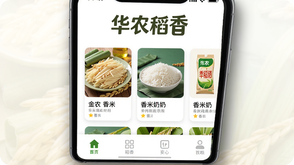 主体为一部智能手机,屏幕显示华农稻香APP的首页界面,界面上方有“华农稻香”文字标识,中部展示金针香大米、香米奶等农产品商品卡片,底部有导航栏。布局采用居中构图,手机略微倾斜,背景为干净的浅色渐变。排版清晰,商品图片与文字错落有致。风格为现代简约的UI展示风格。细节上,手机边缘有轻微阴影,屏幕内商品图片清晰诱人,文字锐利。画质为高清,干净,无多余元素。