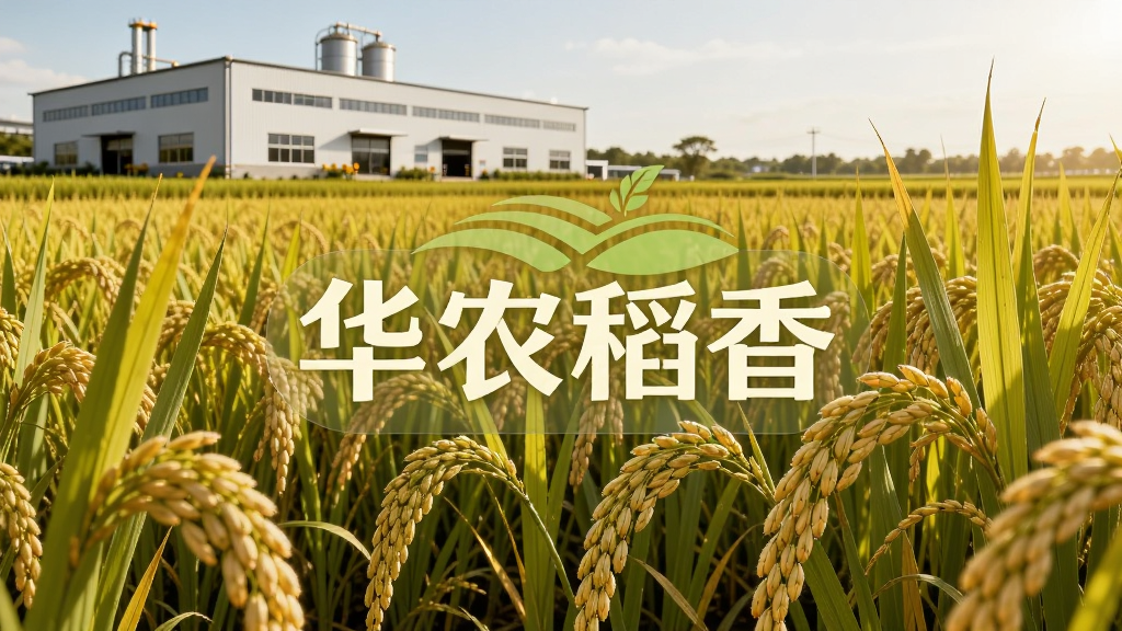 主体为一片金黄色的稻田,远处有现代化农业加工厂房。布局采用三分法构图,稻田占据画面下半部分,厂房位于左上角。排版上,画面中央悬浮一个半透明的“华农稻香”品牌标识。风格为写实农业摄影风格。细节上,稻穗饱满,阳光洒落,厂房干净整洁。画质为高清,干净,无多余元素。