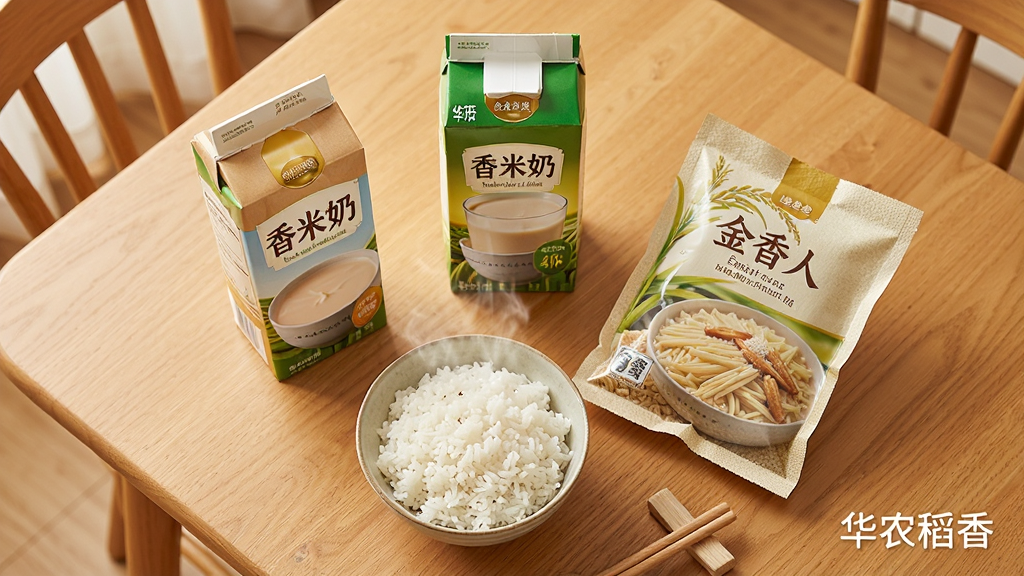 主体为一张木质餐桌,桌上摆放着一碗煮熟的米饭、一盒香米奶、一袋金针香大米包装。布局采用俯视角度,物品呈三角形摆放。排版上,画面右下角有“华农稻香”水印文字。风格为温馨家居生活风格。细节上,米饭热气腾腾,香米奶包装精致,大米包装袋质感清晰。画质为高清,干净,无多余元素。