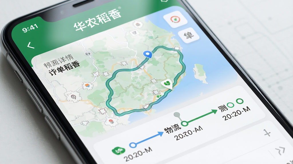 主体为手机屏幕特写,显示华农稻香APP的订单详情页,页面上有地图轨迹、物流节点时间轴以及“华农稻香”标识。布局采用居中构图,手机屏幕占据画面主体。排版上,物流信息列表清晰,地图轨迹线条流畅。风格为科技感UI展示风格。细节上,屏幕反光自然,文字清晰可读,地图元素简洁。画质为高清,干净,无多余元素。