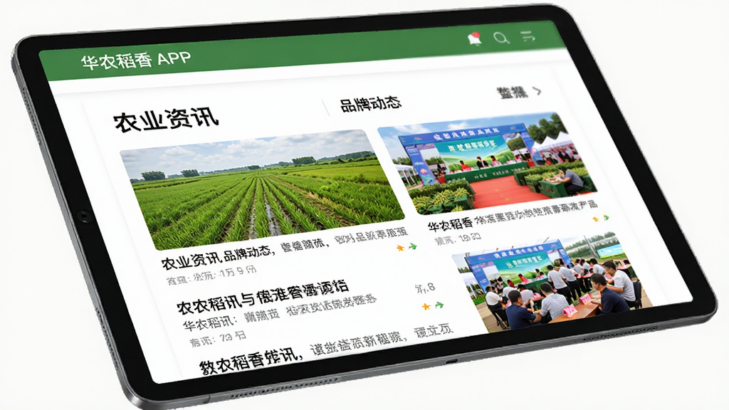 主体为一块电子屏幕或平板电脑,屏幕上显示华农稻香APP的资讯页面,页面标题有“农业资讯”“品牌动态”等字样,配图有农田和活动现场照片。布局采用微倾斜视角,屏幕位于画面中央。排版上,资讯列表图文并茂,标题醒目。风格为商务资讯展示风格。细节上,屏幕边框窄,画面色彩自然,文字清晰。画质为高清,干净,无多余元素。
