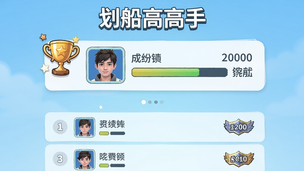 ����չʾһ����Ϸ���а���棬�����ǡ������߸��֡����⣬�м���ǰ������ҵ�ͷ��ͳɼ����·����б���ʽ������������Ϊ�����ֻ���Ļ�������ǵ���ɫ���䡣���Ϊ��Ϸ�罻���棬ϸ�ڰ�������ͭ����ͼ�ꡢ����ǳơ��������Ͷ�λ���¡������������ɾ����޶���Ԫ��