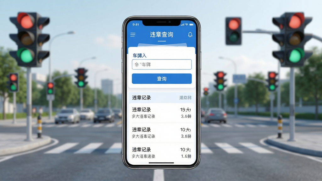交通出行违章指南软件主界面全貌展示,画面中央放置一部智能手机,手机屏幕上显示蓝白配色的违章查询页面,包含车牌输入框、查询按钮和违章记录列表,背景为城市道路与交通信号灯,整体风格简洁明快,布局居中对称,排版清晰有序,细节精致,画质干净,无多余元素,高清渲染
