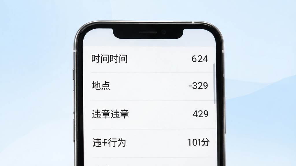 交通出行违章指南违章查询功能展示图,画面主体为手机屏幕特写,屏幕中显示违章记录列表,包含时间、地点、违章行为和扣分信息,背景为淡蓝色渐变,风格清新简约,布局上下结构,排版整齐,细节清晰,画质干净,无多余元素,高清渲染