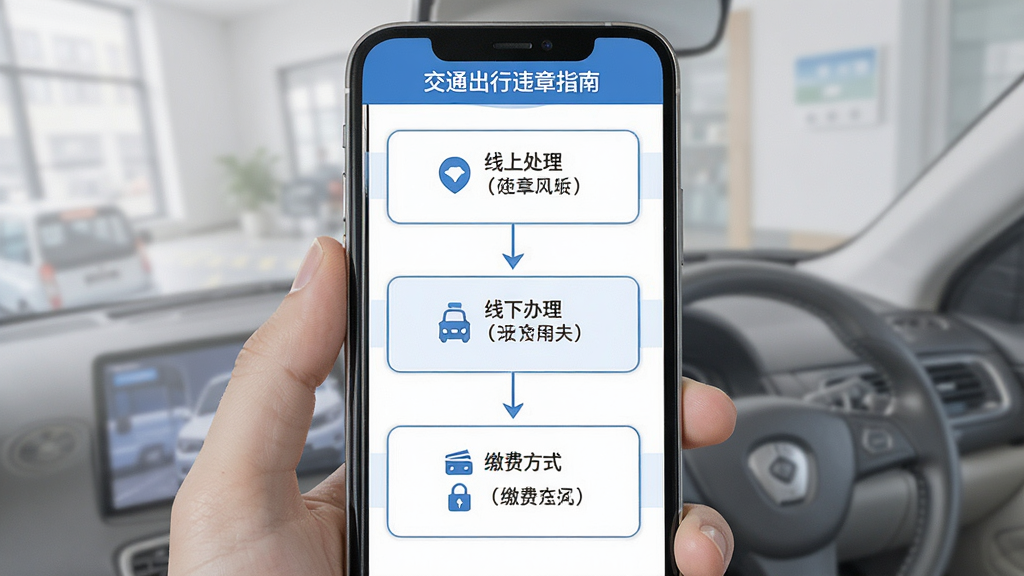交通出行违章指南违章处理流程指引界面,手机屏幕展示步骤式流程图,包含线上处理、线下办理、缴费方式等模块,背景为白色与蓝色搭配,风格清爽素雅,布局纵向排列,排版清晰,细节到位,画质干净,无多余元素,高清渲染