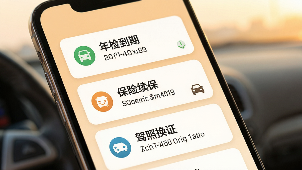 交通出行违章指南出行安全提醒功能展示,手机屏幕显示提醒事项列表,包含年检到期、保险续保、驾照换证等提醒卡片,背景为柔和暖色调,风格温馨实用,布局卡片式排列,排版舒适,细节细腻,画质干净,无多余元素,高清渲染