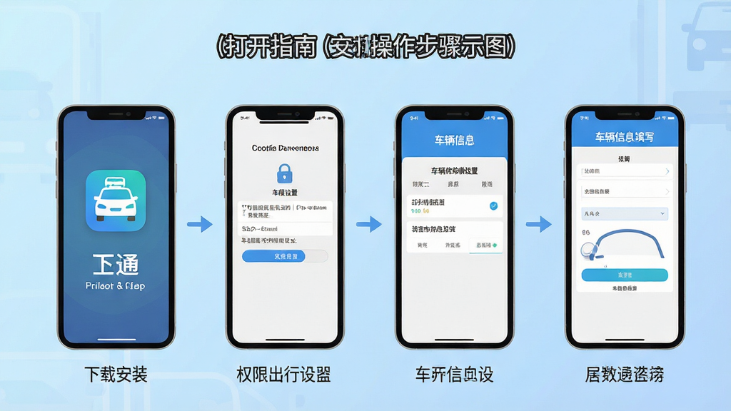交通出行违章指南手机端操作步骤示意图,画面展示一部手机从下载安装到打开使用的完整流程,包含应用图标、权限设置界面、车辆信息填写页面,背景为浅蓝色渐变,风格扁平化设计,布局分步骤排列,排版清晰,细节简洁,画质干净,无多余元素,高清渲染