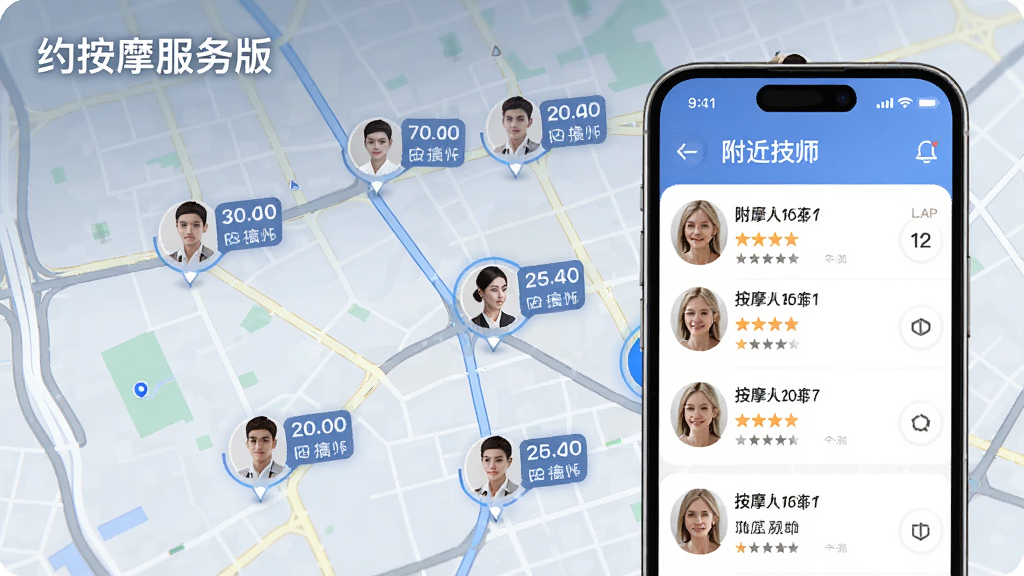 一张“约按摩服务版”App的附近推荐功能展示图,画面以城市地图为背景,地图上标注了多个按摩师头像图标和距离标签,手机屏幕特写显示附近技师列表及评分,整体布局清晰,风格现代科技感,画质干净,无多余元素