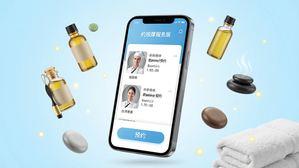 一张展示“约按摩服务版”手机应用界面的概念图,画面中央是一部立体的智能手机,屏幕亮起显示按摩服务预约界面,界面内有技师头像列表和预约按钮,手机周围漂浮着按摩精油瓶、热石、毛巾等健康养生元素,背景是干净明亮的浅蓝色渐变,整体风格清新简约,画质高清,细节清晰,无多余杂乱元素