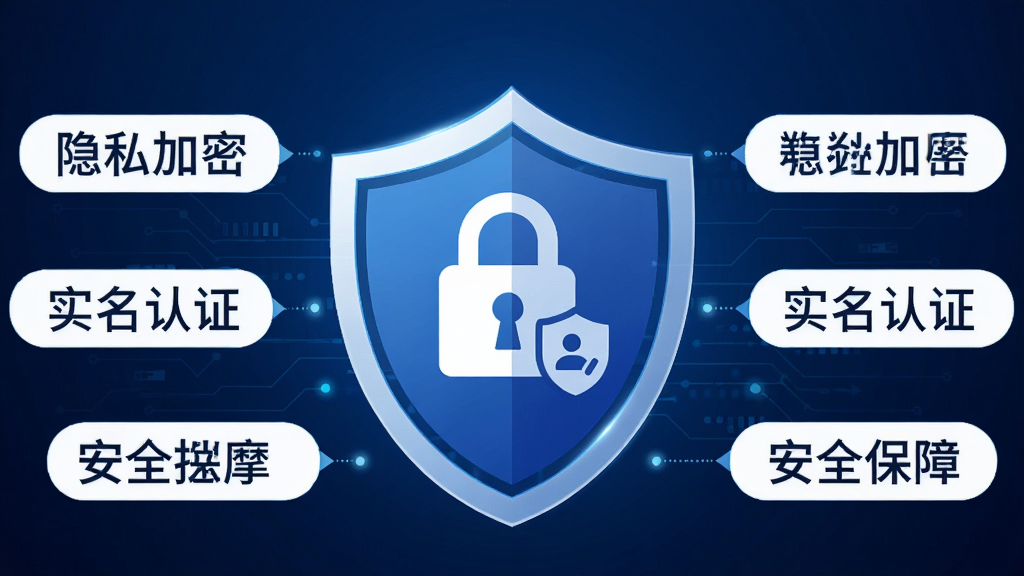 一张“约按摩服务版”安全隐私保护功能的宣传图,画面中央是一个盾牌图标,盾牌内显示锁和用户信息保护符号,周围环绕着“隐私加密”“实名认证”“安全保障”等文字标签,背景为深蓝色科技感渐变,整体风格专业可靠,画质高清,干净无多余元素
