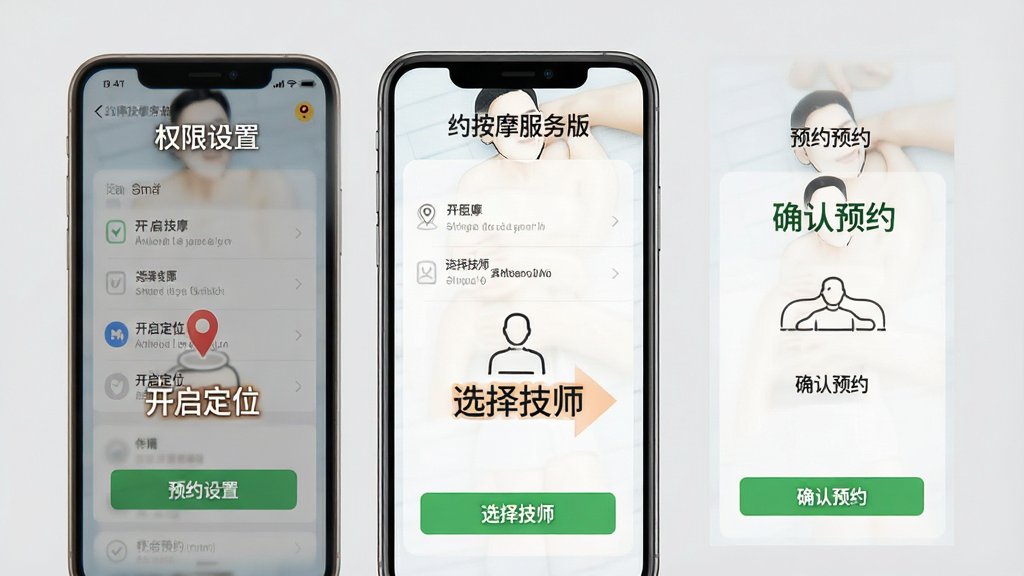 一张“约按摩服务版”新手操作指引图,画面以手机屏幕截图形式展示权限设置界面和预约流程步骤,界面清晰标注“开启定位”“选择技师”“确认预约”等关键操作,背景为浅灰色,风格简洁明了,画质高清,无多余装饰元素