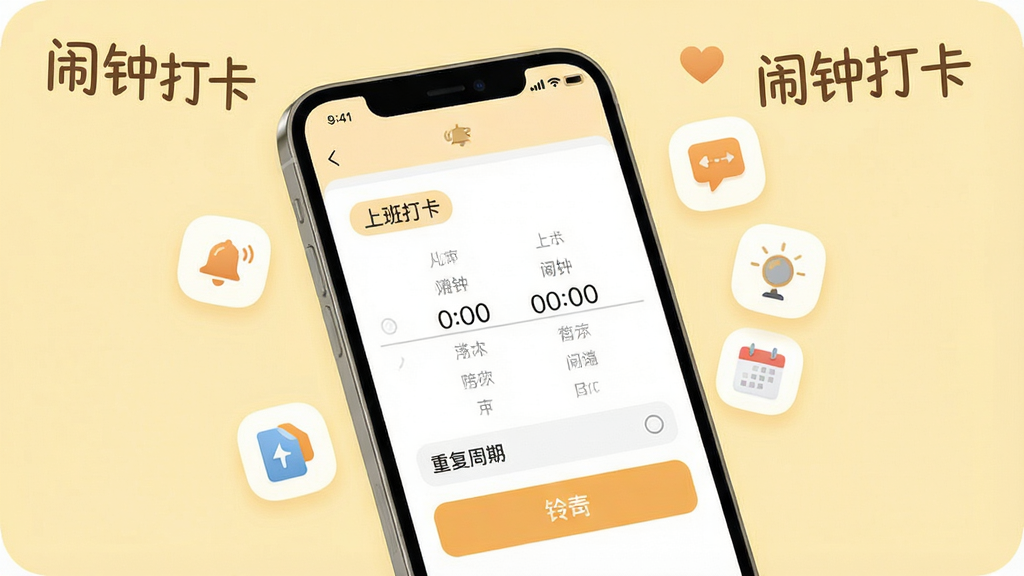 一张展示闹钟打卡软件闹钟设定界面的预览图,画面中有一部手机,屏幕显示闹钟打卡应用的新建闹钟页面,页面上有“上班打卡”的标签、时间选择滚轮、重复周期选项和铃声选择按钮,手机旁边漂浮着几个小图标代表铃声、标签和日历,背景为柔和的淡黄色,风格温馨整洁,排版清晰,画质干净,无多余元素,图片中打上文字“闹钟打卡”