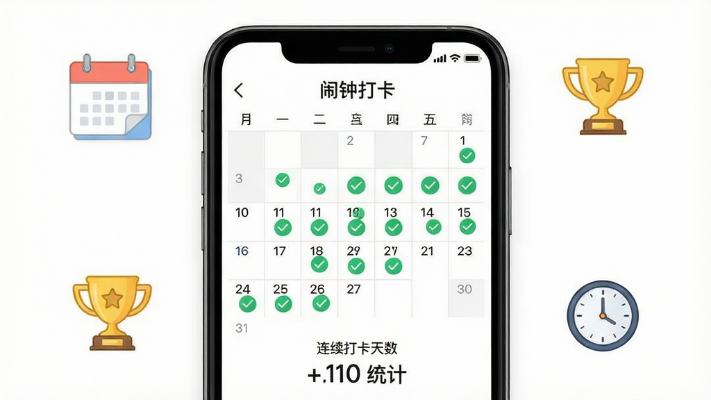 一张展示闹钟打卡软件打卡记录页面的预览图,画面中有一部手机,屏幕显示闹钟打卡应用的打卡日历视图,日历上标记了多个已打卡的日期并带有绿色对勾,下方显示连续打卡天数的统计数字,手机周围有日历、奖杯、时钟等小图标点缀,背景为清爽的白色,风格简约商务,排版整齐,画质清晰,画面干净,无多余元素,图片中打上文字“闹钟打卡”