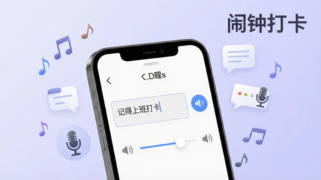 一张展示闹钟打卡软件语音设置界面的预览图,画面中有一部手机,屏幕显示闹钟打卡应用的语音提醒编辑页面,输入框中写有“记得上班打卡”的文字,旁边有语音播报图标和音量调节滑块,手机周围漂浮着音符、话筒、文字气泡等小图标,背景为淡紫色渐变,风格现代科技感,排版简洁,画质清晰,无多余元素,图片中打上文字“闹钟打卡”