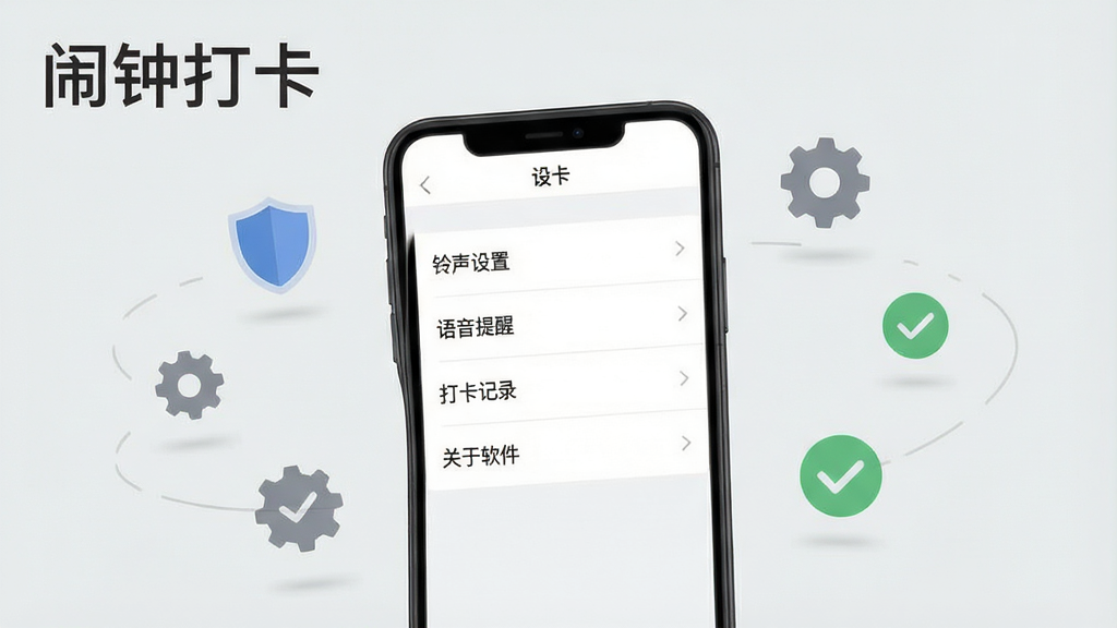 一张展示闹钟打卡软件设置页面的预览图,画面中有一部手机,屏幕显示闹钟打卡应用的设置菜单,菜单项包括“铃声设置”“语音提醒”“打卡记录”“关于软件”等,界面干净无广告,手机周围有盾牌、齿轮、对勾等小图标环绕,背景为浅灰色,风格素雅极简,排版清晰,画质干净,无多余元素,图片中打上文字“闹钟打卡”