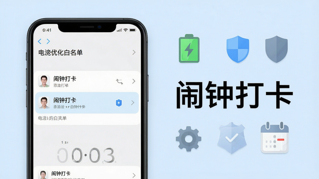 一张展示闹钟打卡软件在手机后台运行设置的预览图,画面中有一部手机,屏幕显示手机设置中的电池优化白名单页面,闹钟打卡应用被添加到白名单中,旁边有电池、盾牌、齿轮等图标,背景为浅蓝色,风格简洁明了,排版清晰,画质干净,无多余元素,图片中打上文字“闹钟打卡”